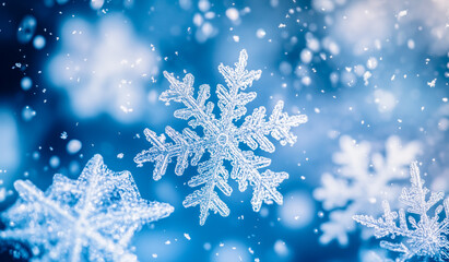 Closeup snowflakes falling on the blue background. Winter theme. Card and banner concept.