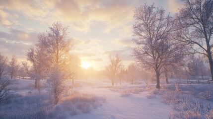 Serene Winter Morning: Tranquil Landscape with Frost-Covered Fields and Rising Sun, Soft Illumination, Peaceful Atmosphere | Ultra-Detailed