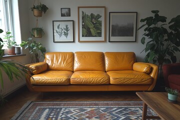 Cozy Vintage Living Room Featuring Bright Yellow Leather Couch Surrounded by Lush Green Plants and Artistic Wall Decorations