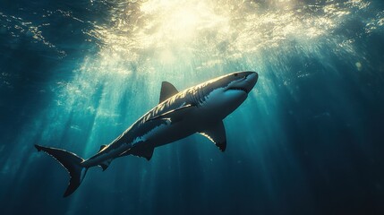 Fototapeta premium Majestic Great White Shark Gliding Through Sunlit Ocean Depths, Showcasing Graceful Movement and Powerful Presence in a Stunning Underwater Scene