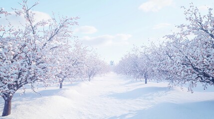 Winter Wonderland: Serene Snow-Covered Orchard for Peaceful Contemplation and Photography