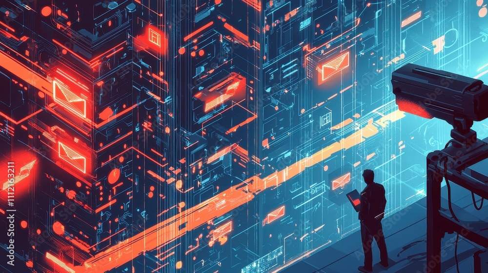 Poster artistic visualization of surveillance risks in a digital environment with data streams
