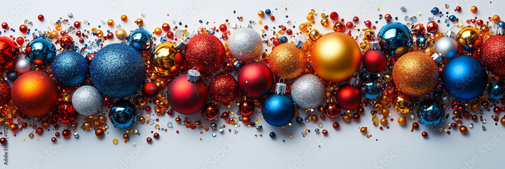 Poster an artistic arrangement of colorful fragments from broken christmas ornaments, styled in a circular 