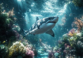 Obraz premium Majestic Great White Shark Gliding Through Vibrant Coral Reef Under Sunlit Ocean Waters teeming with Marine Life and Colorful Fish