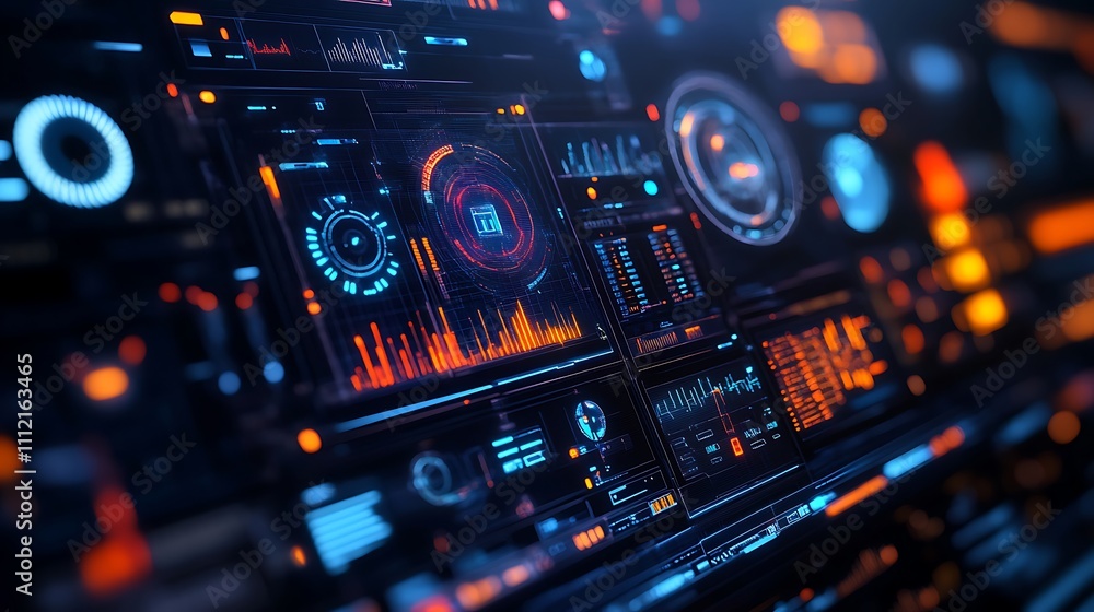 Poster futuristic interface control panel with intricate neon colored digital display for sci-fi future adv