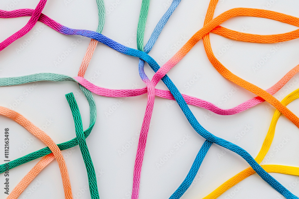 Poster colorful threads intertwining on a white background create patterns