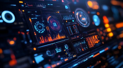 Futuristic Interface Control Panel with Intricate Neon Colored Digital Display for Sci-Fi Future Advanced Technology Innovation Concept.