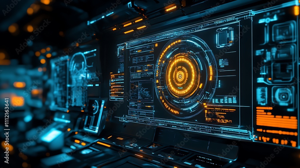 Poster close-up of futuristic interface control panel with colorful digital display intricate details for s