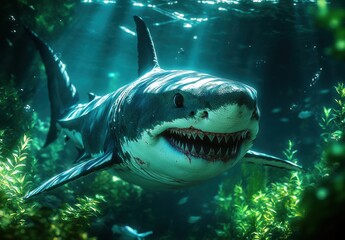 Majestic Great White Shark Swimming Gracefully in Underwater Environment Surrounded by Sunlight, Bubbles, and Marine Flora