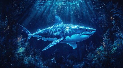 Fototapeta premium Majestic Great White Shark Swimming Gracefully Through Crystal Clear Ocean Waters Surrounded by Vibrant Marine Life in Deep Blue Sea Atmosphere