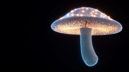 Obraz premium A holographic projection of a radiant mushroom with glowing spots and semi-transparent gills, floating on a black background with subtle digital textures, Photorealistic