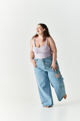 A young woman joyfully poses in fashionable attire, showcasing her unique style and confidence.