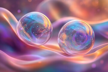 Two Ethereal Bubbles Floating Above Colorful Fluid Waves in Surreal Dreamlike Atmosphere - Perfect for Abstract Art and Wallpaper Inspirations