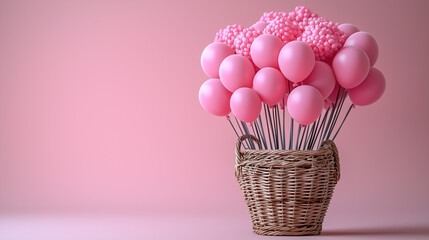 Basket Containing Pink Balloons, Realistic 3D Image Ideal for Greeting Cards or Advertisements