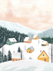 Naklejka premium Minimalist line drawing graphics a flat illustration of a snowy mountain village with cozy cabins and pine trees simple lines vector art style a warm color palette detailed design hand-drawn texture