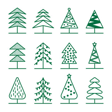 festive Christmas flat minimal abstract trees, editable organized and named layers, transparent background