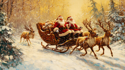 Fototapeta premium Santa Claus rides on a sleigh with reindeer at Christmas.