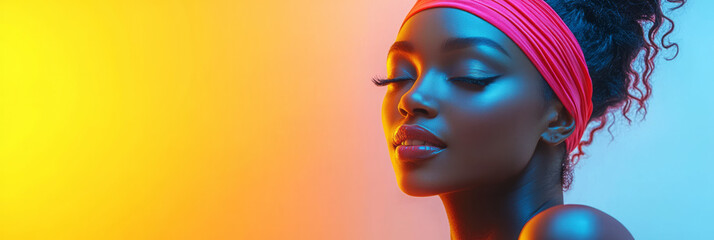Naklejka premium A playful depiction of a woman at an aerobics class, wearing a vibrant leotard, colorful headband, and leg warmers, with dynamic poses against a clean studio backdrop,