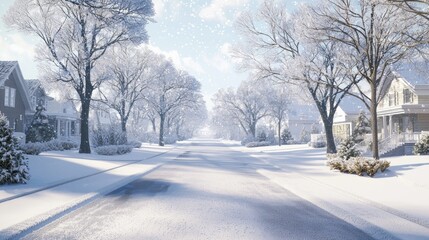 Fototapeta premium Tranquil Winter Morning: Snowfall in Serene Suburban Neighborhood | Ultra-Detailed Photorealistic Scene