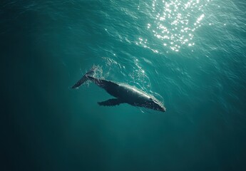 Fototapeta premium Majestic Humpback Whale Swimming Gracefully Beneath Sparkling Surface of the Ocean, Showcasing Nature's Beauty and Marine Life Wonder in a Tranquil Setting