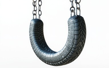 A black tire swing attached to a sturdy metal chain, isolated on a pristine white background