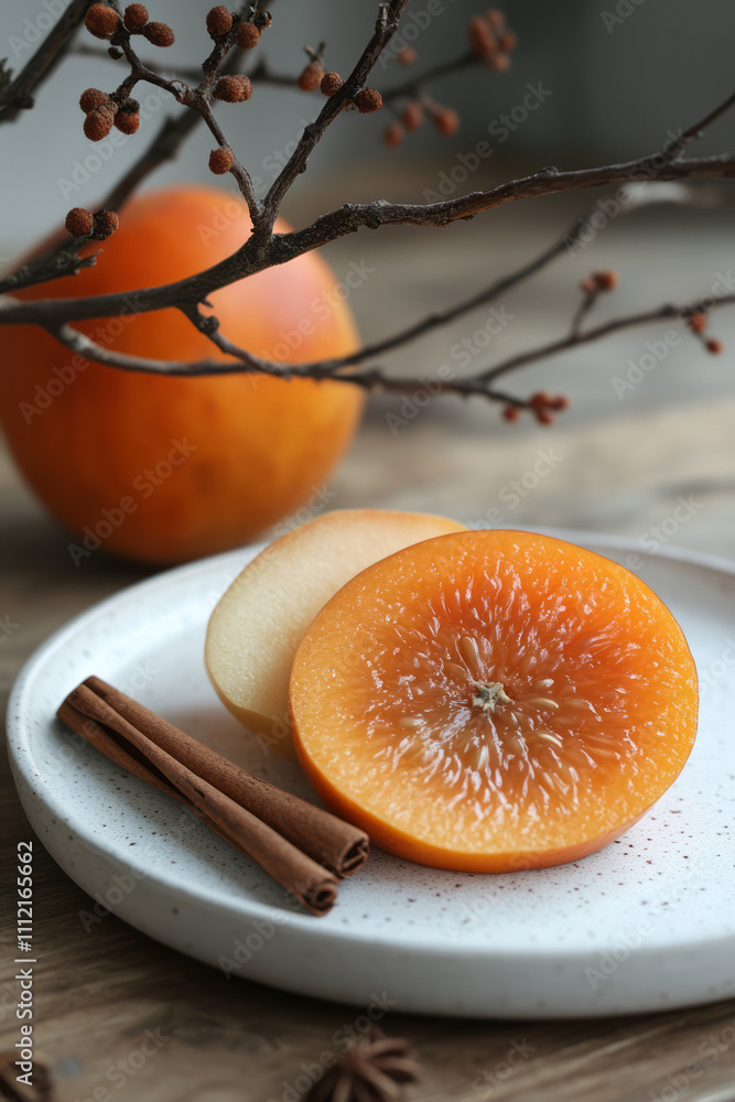 Poster a simple arrangement of a single quince and a slice of persimmon side by side, highlighting their un