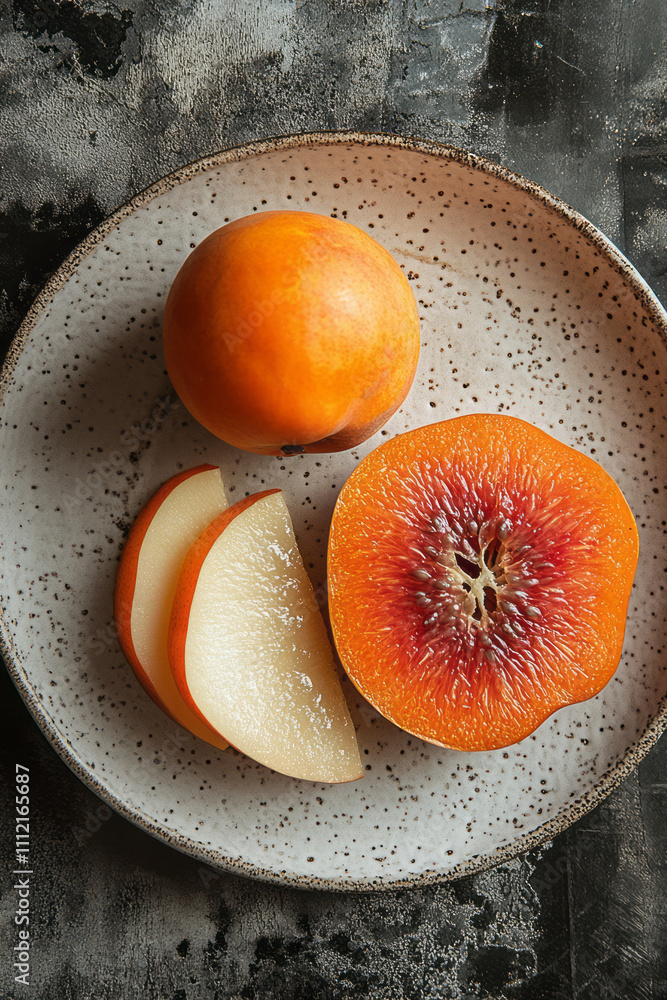 Poster a simple arrangement of a single quince and a slice of persimmon side by side, highlighting their un