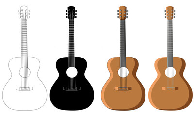 Set of Acoustic guitars with different designs isolated on a transparent background, music design element