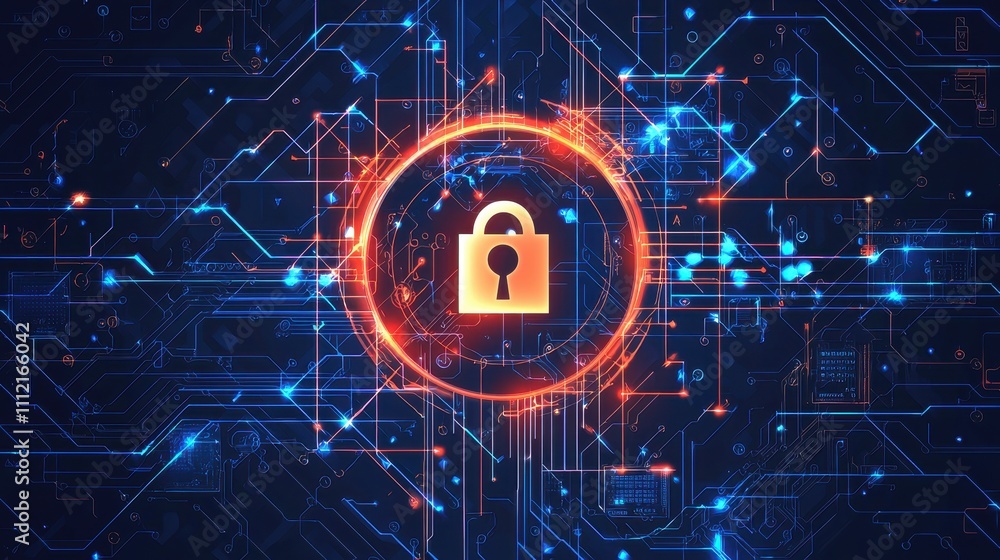 Poster cybersecurity conceptual representation of lock symbol on digital background with circuit patterns