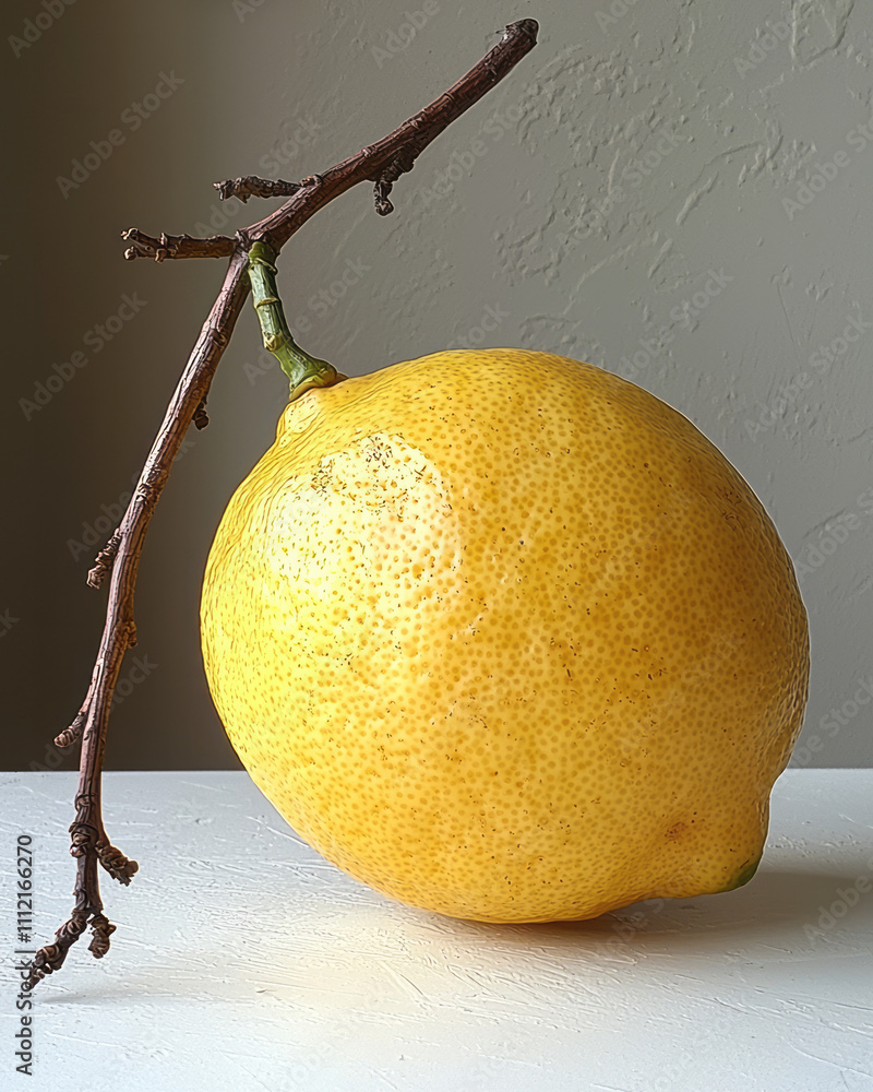 Poster a single lemon with a slightly twisted green twig resting alongside, its bold color and simple form 