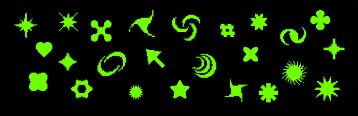Pixelated Y2K element set with retro icons, including arrows, stars, and digital particles. Perfect for adding 80s and 90s computer game vibes with simple, abstract shapes and a vintage aesthetic.
