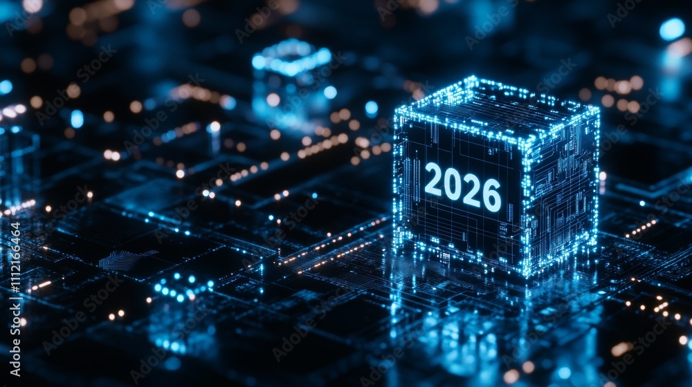 Poster glowing cube with 2026 on circuit board a futuristic representation of technological advancement