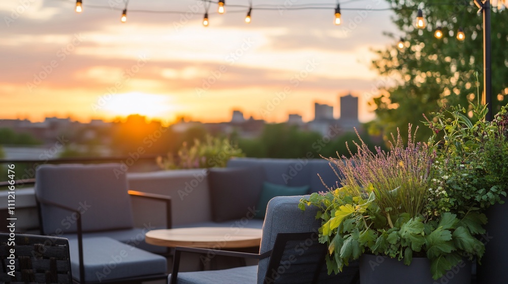 Canvas Prints Cozy rooftop seating area with sunset view and plants.