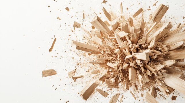 A detailed explosion of wooden splinters, each splinter meticulously detailed with natural textures, bursting outward in intricate patterns, with soft airbrushed gradients on a clean white