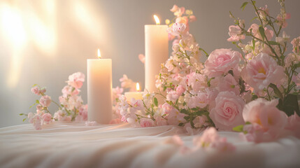 Elegant 3D Photo of Pink Floral Table Setting with Candles and White Tablecloth for Text