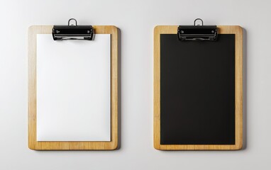A side-by-side comparison of two wooden clipboards on a clean white background, one holding an empty white sheet and the other a black paper