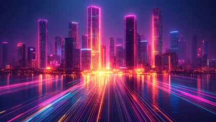 A cityscape with a long road and a bright orange glow