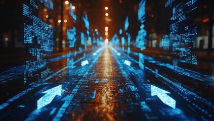 A blurry image of a city street with a car in the middle