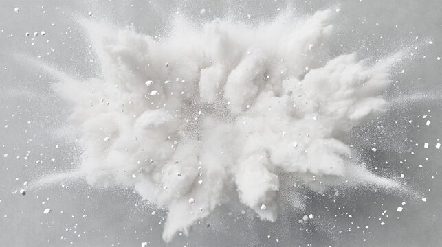 A detailed explosion of chalk dust, with fine particles bursting outward in natural patterns, each speck of dust finely detailed and blending into soft gray and white tones on the background,