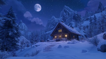 Fototapeta premium Serene Winter Night: Moonlit Snow-Covered Cabin exuding Warmth and Comfort | Ultra-Detailed Tranquil Scene for Relaxation and Coziness