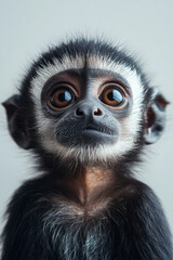 Obraz premium A monkey perched on a personâ€™s shoulder, its expressive face and playful demeanor captured against a stark white background,
