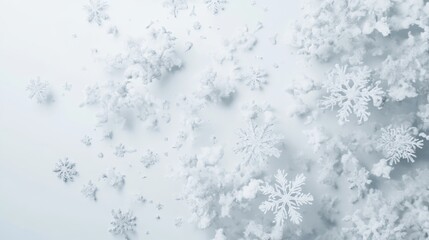 A realistic explosion of dried snowflakes, with each flake delicately detailed, scattering outward in complex patterns with soft gradients, set against a stark white background to enhance the icy,