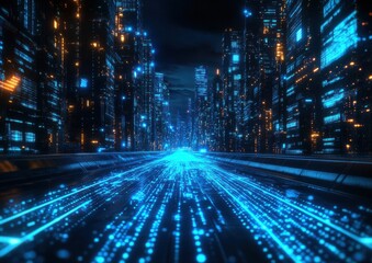 A city skyline is lit up with neon lights and the road is filled with cars