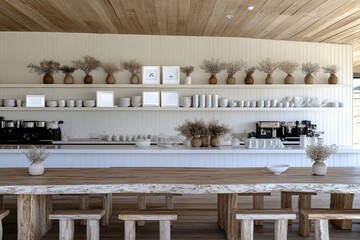 Modern Minimalist Caf&eacute; Interior with Earthy Tones and Natural Decor Featuring Wood Elements and Elegant Display of Tableware and Plants