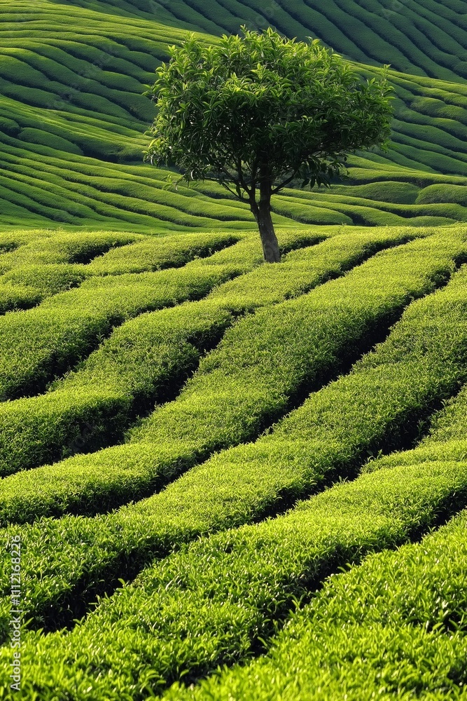Poster a tree stands in a field of green grass. the grass is cut in a pattern that resembles a checkerboard