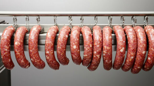 Food factory. Fresh sausages hang in a row on a metal rack, showcasing their rich color and texture in a food processing environment.