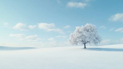 Tranquil Winter Scene: Snow-Covered Field with Solitary Oak Tree | Ultra-Detailed Photorealistic Landscape of Serene Winter Beauty