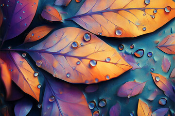 a bunch of colorful leaves with water droplets