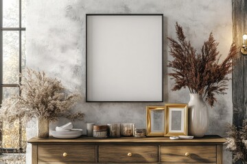 Serene Home Decor Scene with Empty Frame and Natural Elements in Cozy Living Room Setting Featuring Warm Tones and Elegant Aesthetic