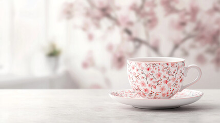 charming teacup set with delicate floral patterns sits on table, evoking sense of elegance and tranquility. soft pink blossoms in background enhance serene atmosphere